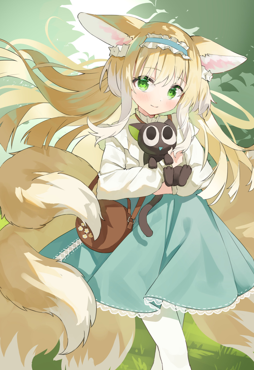 1girl absurdres animal animal_ear_fluff animal_ears arknights bag black_cat blonde_hair blue_hairband blue_skirt blush brown_bag cardigan cat closed_mouth commentary_request cross-laced_clothes cross-laced_skirt cross-laced_slit crossover feet_out_of_frame fox_ears fox_girl fox_tail frilled_hairband frills green_eyes hair_ornament hair_scrunchie hairband handbag highres holding holding_animal holding_cat kitsune kyuubi long_hair looking_at_viewer luo_xiaohei luo_xiaohei_zhanji multicolored_hair multiple_tails nitoron official_alternate_costume open_cardigan open_clothes outdoors revision round_bag scrunchie shirt shoulder_bag sidelocks skirt smile solo suzuran_(arknights) suzuran_(spring_praise)_(arknights) tail two-tone_hair white_cardigan white_hair white_shirt