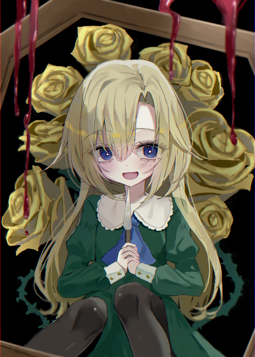 1girl :d absurdres black_background blonde_hair blood blue_eyes blush bright_pupils child commentary_request commission crazy_eyes crazy_smile dress eyelashes eyes_visible_through_hair floral_background flower green_dress hair_between_eyes highres holding holding_knife ib juliet_sleeves knees_up knife long_hair long_sleeves mary_(ib) open_mouth own_hands_together picture_frame puffy_sleeves rose simple_background sitting skeb_commission smile solo very_long_hair white_pupils yellow_flower yellow_rose yumeno_ruruka
