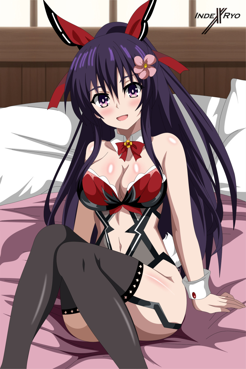 1girl absurdres bare_shoulders bow breasts christmas date_a_live flower hair_bow hair_flower hair_ornament highres indexxryo lingerie long_hair medium_breasts navel on_bed open_mouth pillow purple_eyes purple_hair red_ribbon ribbon smile underwear wrist_cuffs yatogami_tooka