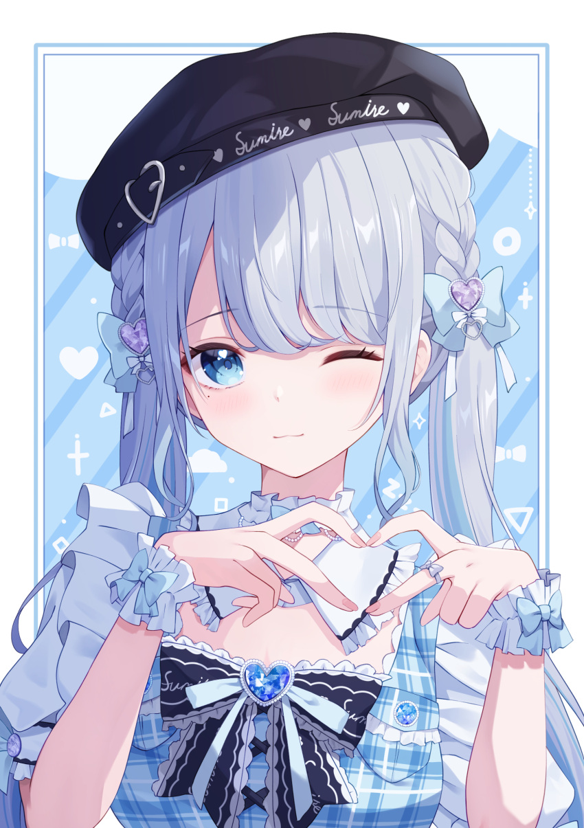 1girl ;) blue_bow blue_dress blue_eyes bow braid breast_pocket character_name choker clothes_writing dress french_braid frilled_choker frills grey_hair hair_bow heart heart-shaped_gem heart_hands highres kaga_sumire lace-trimmed_bow lace_trim light_smile lolita_fashion long_hair looking_at_viewer official_alternate_costume one_eye_closed pink_gemstone pink_nails plaid plaid_dress pocket puffy_short_sleeves puffy_sleeves shinshia_(sinsia_0928) short_sleeves smile solo swept_bangs twintails upper_body virtual_youtuber vspo! white_choker wrist_bow