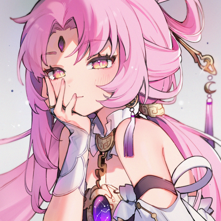 1girl bare_shoulders choker close-up earrings forehead forehead_jewel fu_xuan_(honkai:_star_rail) hair_ornament hand_on_own_face highres honkai:_star_rail honkai_(series) jewelry looking_at_viewer necklace pink_eyes pink_hair solo upper_body white_background yenkoes