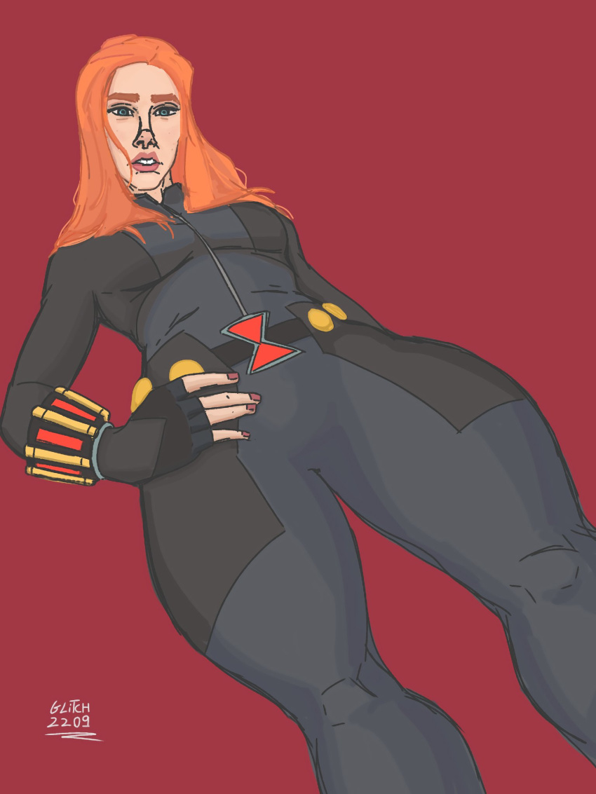 1girl black_bodysuit black_widow bodysuit breasts glitch2209 hands_on_own_hips highres looking_down marvel medium_breasts orange_hair simple_background solo standing tooth_gap