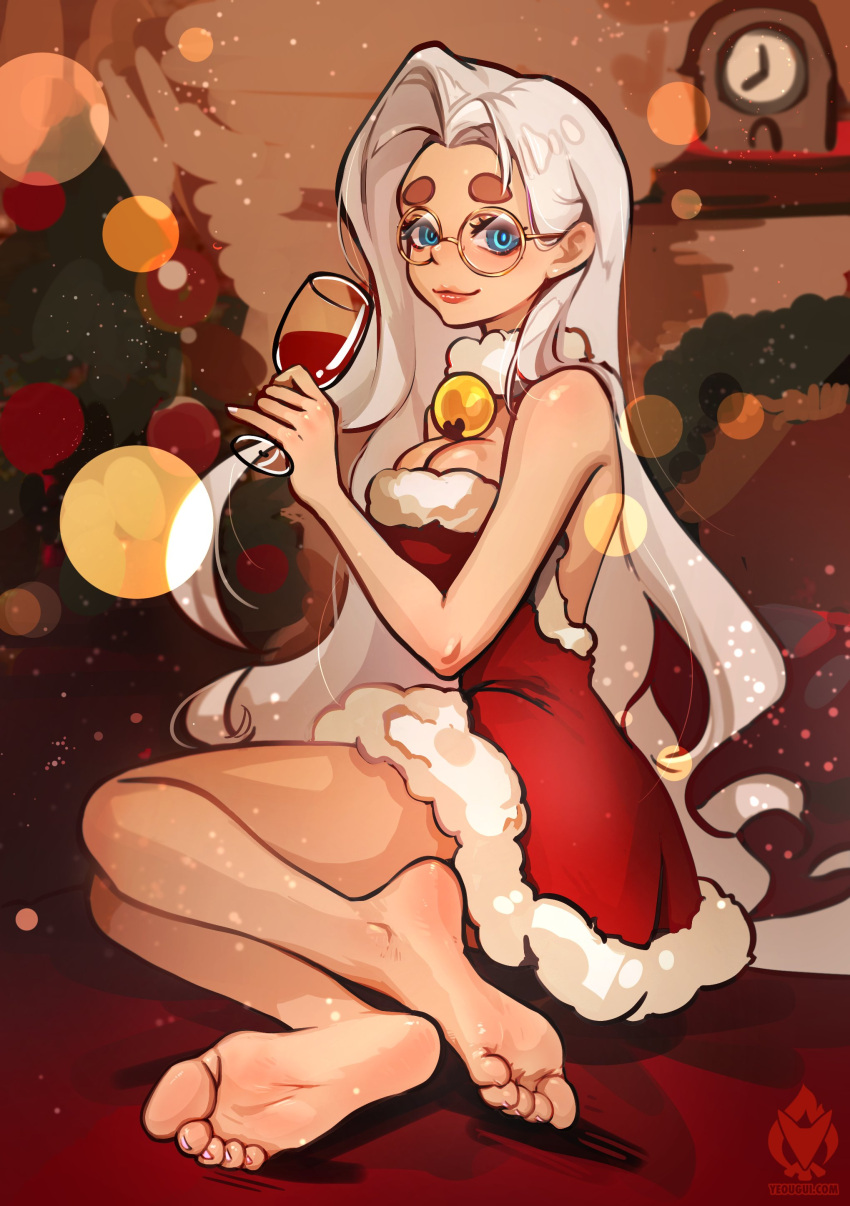 1girl absurdres alcohol bare_legs barefoot blue_eyes borrowed_character breasts christmas cleavage commentary cup detached_collar dress drinking_glass english_commentary feet fur-trimmed_dress fur_collar fur_trim gift_art highres indoors june_(squeezable) long_hair looking_at_viewer medium_breasts mismatched_eyebrows original red_dress red_wine round_eyewear santa_dress short_eyebrows soles solo strapless strapless_dress thick_eyebrows toe_scrunch toenails toes very_long_hair white_hair wine_glass yellow-framed_eyewear yeougui