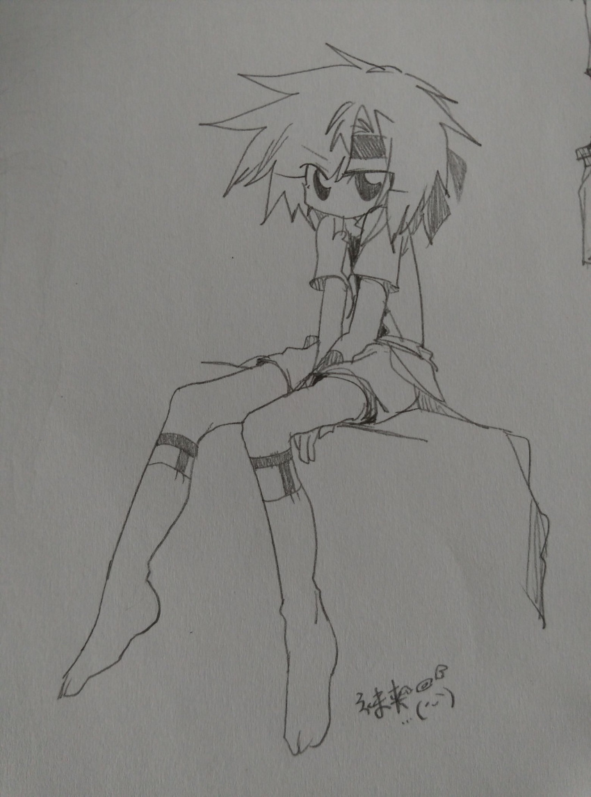 1other androgynous arms_between_legs chinese_text graphite_(medium) greyscale headband highres jacket kurohebi legwear_garter len'en ling_s monochrome no_nose open_clothes open_jacket other_focus shirt short_hair simple_background sketch socks traditional_media translation_request white_background
