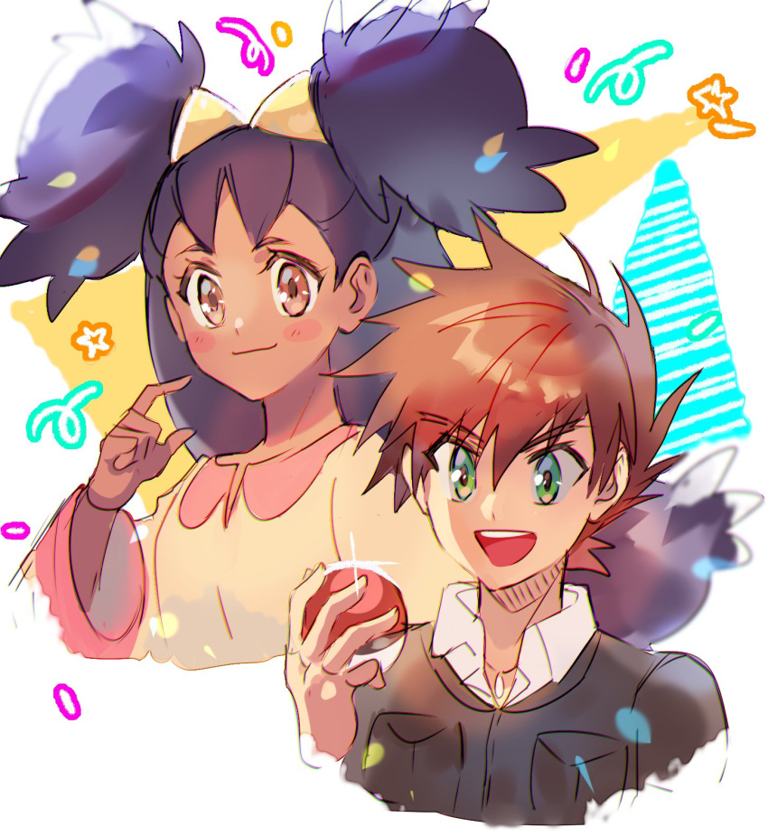 1boy 1girl :d bangs blush_stickers brown_eyes brown_hair closed_mouth collared_shirt commentary dark_skin dark_skinned_female eyelashes gary_oak green_eyes hair_between_eyes hand_up highres holding holding_poke_ball iris_(pokemon) jacket jewelry kash-phia long_hair necklace open_mouth poke_ball poke_ball_(basic) pokemon pokemon_(anime) pokemon_bw_(anime) pokemon_swsh_(anime) purple_hair shirt short_hair sketch smile star_(symbol) tied_hair two_side_up white_shirt