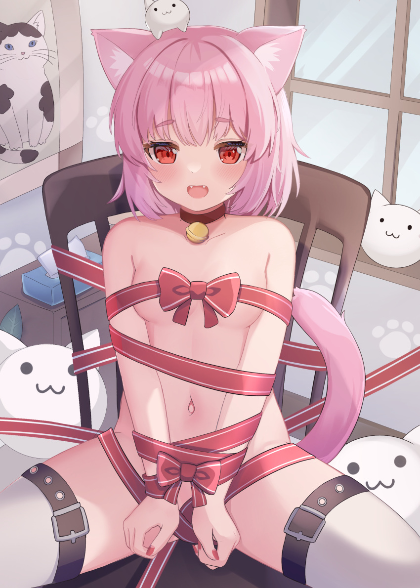 1girl :d absurdres animal_ear_fluff animal_ears bell bound bound_wrists breasts cat_ears cat_girl cat_tail chair choker fangs highres looking_at_viewer naked_ribbon navel neck_bell nekopurin_(nyanko_prin) nude on_chair open_mouth original pink_hair red_eyes red_ribbon ribbon short_hair sitting smile spread_legs tail thighhighs tissue tissue_box