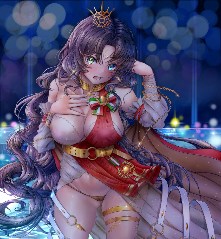 1girl absurdres azur_lane blue_eyes blush breasts cleavage commander_kei cowboy_shot detached_sleeves dress gold_panties green_eyes hand_on_own_chest heterochromia highres large_breasts long_hair long_sleeves looking_at_viewer red_dress roma_(azur_lane) see-through solo thigh_strap two-tone_dress very_long_hair wading water white_dress