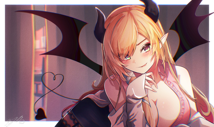 1girl absurdres black_garter_straps black_skirt black_thighhighs blonde_hair breasts cleavage coat demon_girl demon_horns demon_tail garter_straps highres hololive horns lab_coat large_breasts long_hair looking_at_viewer pink_shirt pointy_ears shirt skirt smile solo tail thighhighs tongue tongue_out white_coat yoihami_294 yuzuki_choco yuzuki_choco_(1st_costume)