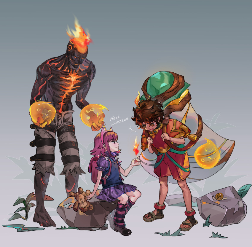 1girl 2boys absurdres animal annie_(league_of_legends) brand_(league_of_legends) burnt fire from_side gradient_background grey_background highres jose_(1223919115) kneehighs league_of_legends looking_at_another medium_hair milio_(league_of_legends) miniskirt multiple_boys pink_skirt profile puffy_short_sleeves puffy_sleeves red_hair rock shoes short_sleeves sitting skirt smile snail socks standing striped striped_socks tibbers