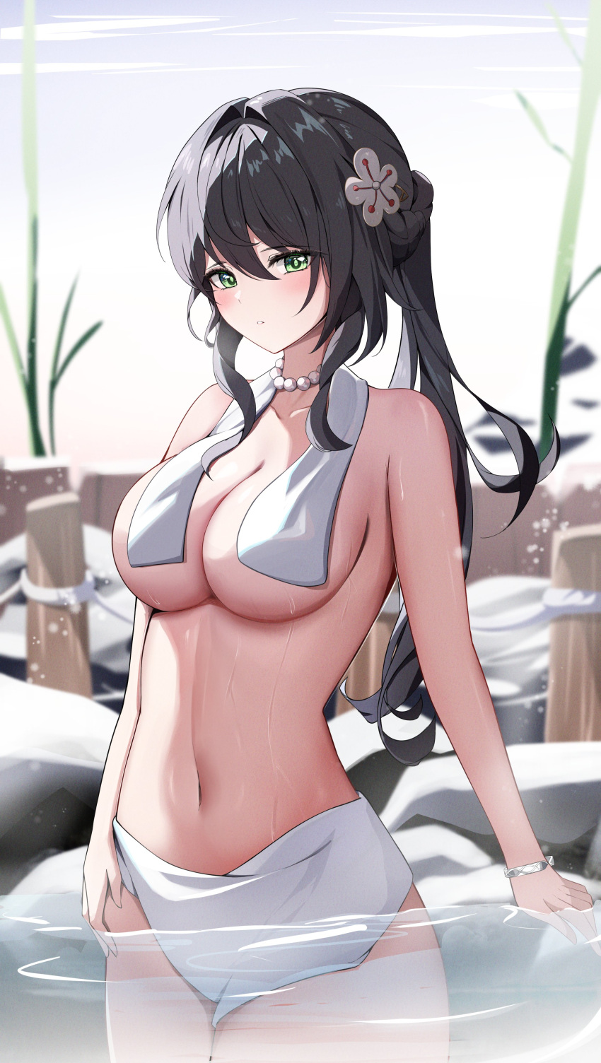 1girl absurdres bead_necklace beads black_hair breasts commentary cowboy_shot green_eyes highres honkai:_star_rail honkai_(series) jewelry large_breasts long_hair navel necklace ponytail ruan_mei_(honkai:_star_rail) solo standing stomach topless towel towel_around_neck very_long_hair wading water yeni1871