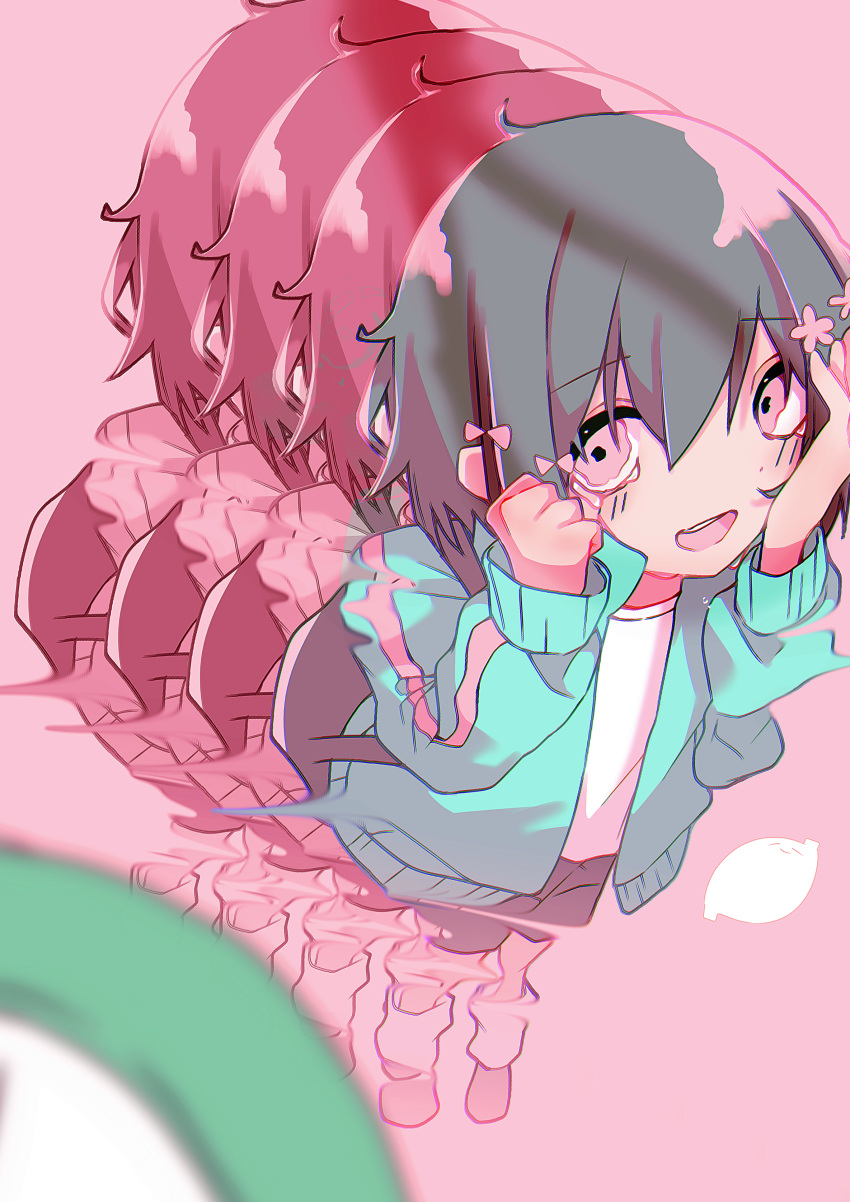 1girl absurdres aqua_jacket black_hair black_shorts blurry blurry_foreground bow false_smile flower hair_bow hair_flower hair_ornament hands_on_own_cheeks hands_on_own_face highres jacket kurari-chan kyu-kurarin_(cevio) multiple_hairpins open_mouth pink_background pink_eyes pink_theme recurring_image rinarina0315 shirt shoes short_hair shorts simple_background smile socks tears track_jacket white_shirt white_socks