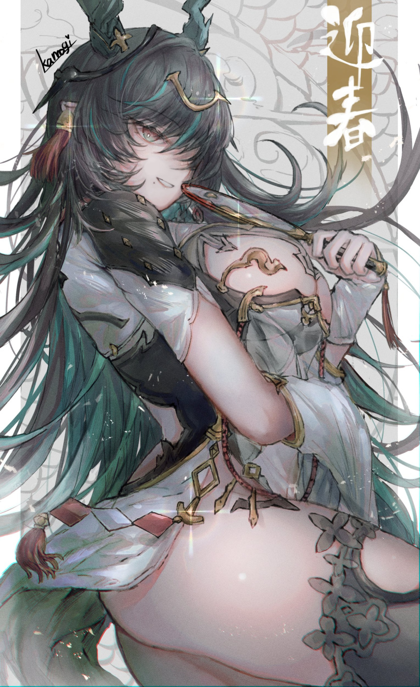 1girl absurdres black_hair black_thighhighs breast_cutout breasts cleavage cleavage_cutout clothing_cutout colored_inner_hair detached_sleeves dragon_girl dragon_horns draph dress fingerless_gloves gamo_tako gloves gradient_hair granblue_fantasy green_eyes green_hair hair_ornament highres horn_ornament horns large_breasts leotard long_hair mole mole_under_mouth multicolored_eyes multicolored_hair payila_(granblue_fantasy) pelvic_curtain pointy_ears red_eyes see-through see-through_dress solo stomach_cutout tassel tassel_hair_ornament thighhighs thighs tuanshan two-tone_eyes two-tone_hair very_long_hair white_gloves