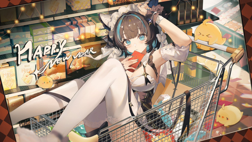 &gt;_&lt; 1girl animal_ears apron aqua_eyes arm_garter azur_lane black_hair blue_nails breasts cheshire_(azur_lane) cleavage fake_animal_ears feet_out_of_frame frilled_hairband frilled_ribbon frills hairband happy_new_year highres holding in_shopping_cart indoors kuuus large_breasts looking_at_viewer maid_headdress manjuu_(azur_lane) multicolored_hair nail_polish purple_apron pushing_cart ribbon shopping_cart short_hair sitting solo streaked_hair supermarket thighhighs white_thighhighs wrist_cuffs