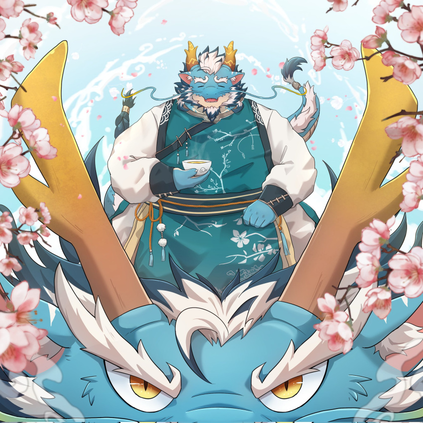 1:1 anthro cherry_blossom cherry_blossom_tree cherry_tree chinese_zodiac dragon eyebrows fruit_tree green_body hair hi_res horn lifewonders male mature_male new_year_2024 novembe41511045 overweight plant qinglong solo thick_eyebrows tokyo_afterschool_summoners tree white_hair year_of_the_dragon