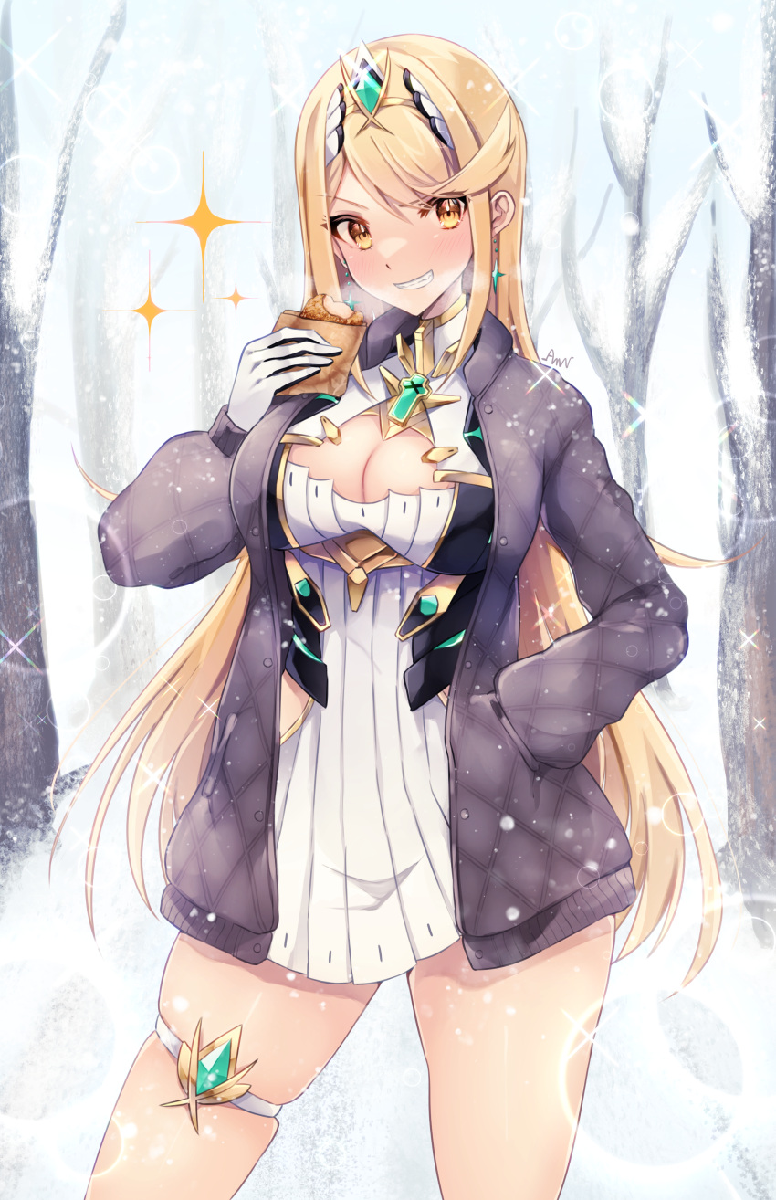 1girl absurdres amanoru_mozuku baozi bare_tree blonde_hair breasts coat commentary_request core_crystal_(xenoblade) dress drop_earrings earrings eating food gloves hand_in_pocket highres holding holding_food jewelry large_breasts long_hair looking_at_viewer mythra_(xenoblade) open_clothes open_coat outdoors short_dress skindentation smile snow solo swept_bangs thigh_strap tiara tree very_long_hair white_dress white_gloves xenoblade_chronicles_(series) xenoblade_chronicles_2 yellow_eyes