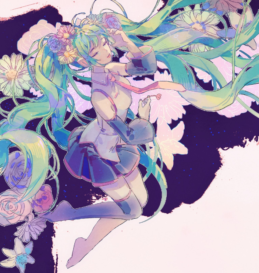 1girl bare_shoulders black_skirt black_sleeves black_thighhighs closed_eyes closed_mouth collared_shirt daisy detached_sleeves eyelashes fingernails floating_hair flower full_body green_hair hair_flower hair_ornament hand_on_own_head hatsune_miku highres holding holding_flower lily_(flower) lipstick long_hair makeup miniskirt necktie no_shoes pink_flower pink_lips pink_necktie pink_rose pink_trim pleated_skirt purple_flower purple_rose red_flower red_rose rose shirt single_barefoot single_thighhigh skirt sky sleeveless sleeveless_shirt smile solo space star_(sky) starry_sky thick_eyebrows thighhighs twintails two-tone_background very_long_hair vocaloid white_background white_flower white_shirt wide_sleeves yanmian_(printemps-noir)