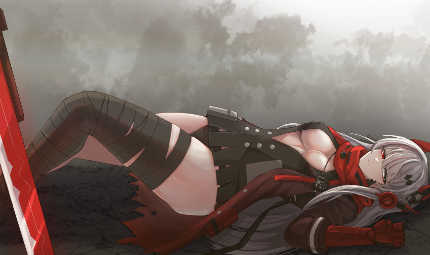 1girl absurdres alpha_(punishing:_gray_raven) bandaged_leg bandages bandaid bandaid_on_cheek bandaid_on_face black_bandages black_shirt breasts dog_tags grey_eyes grey_hair hair_ornament hairclip headgear headphones highres jacket katana large_breasts long_hair lucia:_crimson_abyss_(punishing:_gray_raven) lying mechanical_arms open_clothes open_shirt punishing:_gray_raven red_eyes red_jacket red_scarf scarf shirt sidelocks singwee solo sword weapon