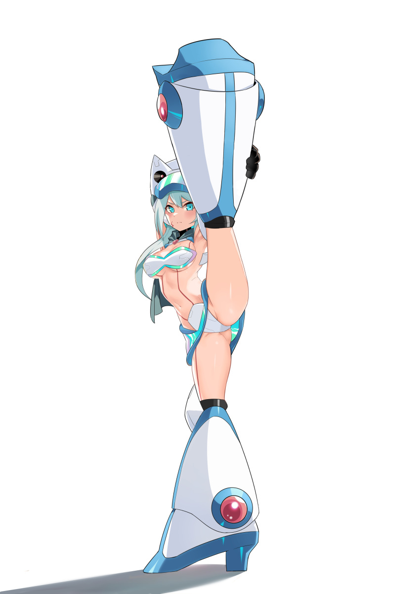 1girl absurdres android ass blue_eyes blue_hair breasts flexible goggles goggles_on_head highres ico_(megaman_x_dive) leg_lift leg_up looking_at_viewer medium_breasts mega_man_(series) mega_man_x_(series) mega_man_x_dive mixed-language_commentary navel popo_(popo0cat) robot_ears simple_background solo split standing standing_on_one_leg standing_split swimsuit white_background