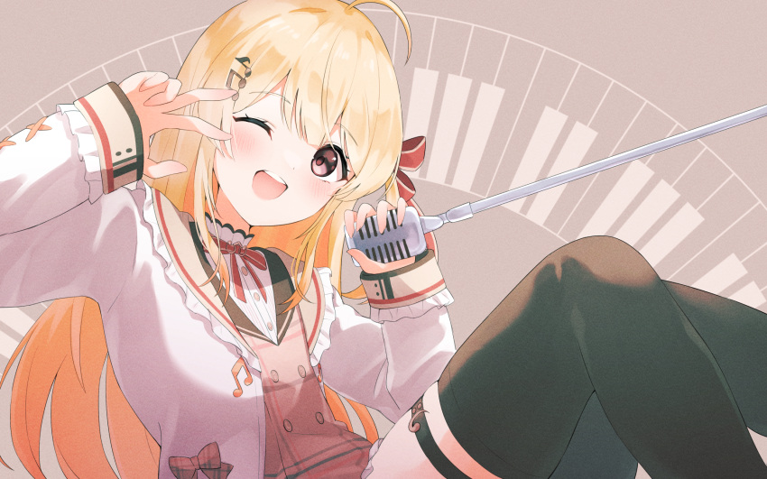 1girl ahoge black_thighhighs blonde_hair blush brown_dress dress fragir hair_ornament hair_ribbon highres holding holding_microphone hololive hololive_dev_is jacket long_hair looking_at_viewer microphone microphone_stand musical_note musical_note_hair_ornament neck_ribbon one_eye_closed open_mouth otonose_kanade red_eyes red_ribbon ribbon smile solo teeth thigh_strap thighhighs upper_teeth_only virtual_youtuber white_jacket
