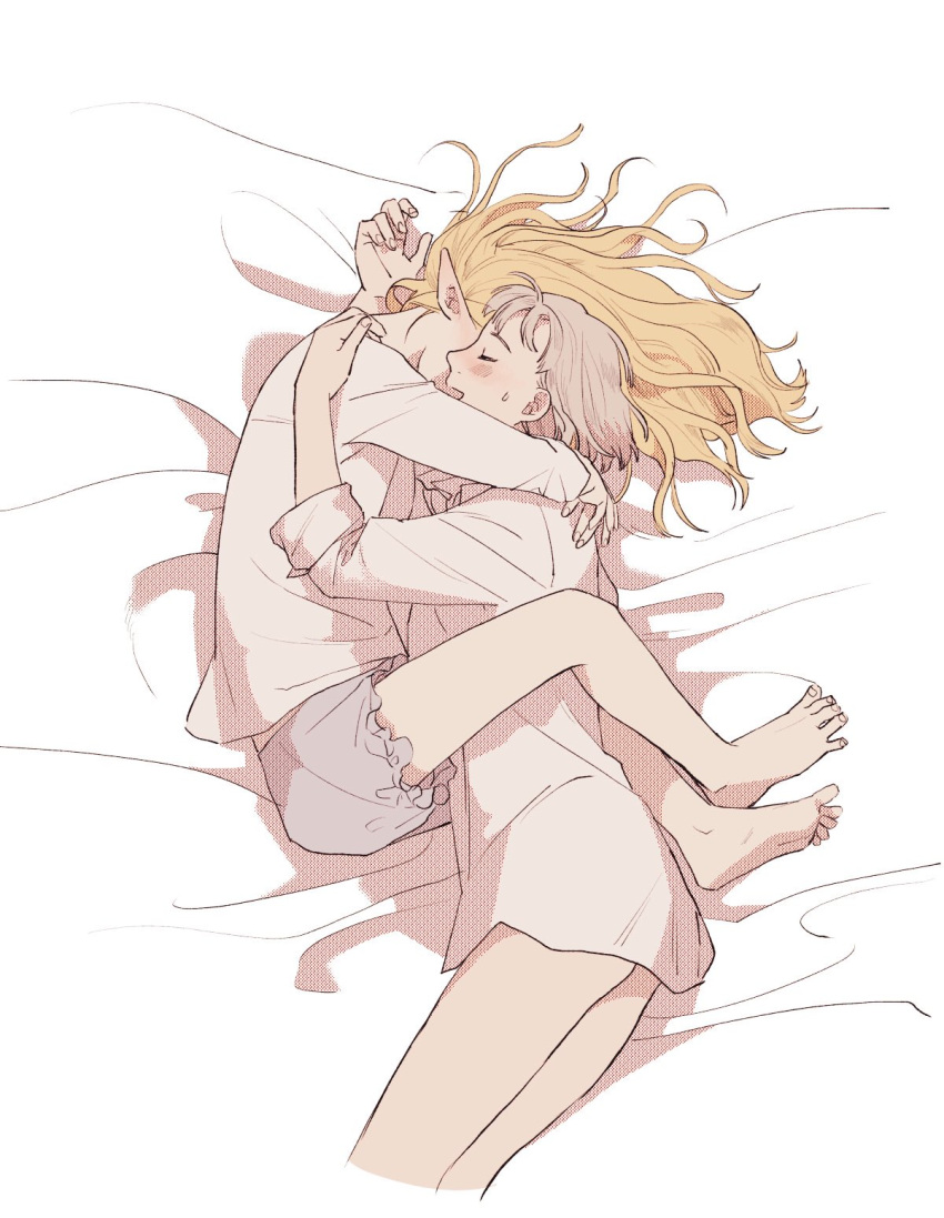 2girls barefoot bed_sheet bloomers blush bottomless closed_eyes couple covered_face cropped_legs dungeon_meshi ear_blush elf falin_thorden frilled_shorts frills from_side grey_hair grey_shorts hands_up highres hug korean_commentary long_hair lying marcille multiple_girls on_bed on_side pointy_ears shirt short_hair shorts sleepwear sleeves_rolled_up smile sweatdrop white_shirt yujualsuspect yuri