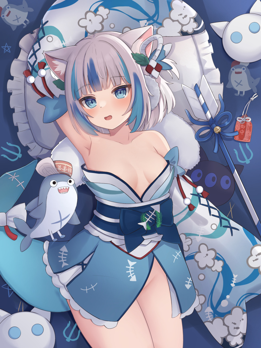 absurdres alternate_costume animal_ear_fluff animal_ears arm_up armpits bloop_(gawr_gura) blue_eyes blue_hair blue_kimono breasts cat_ears collarbone commentary_request fins fish_tail gawr_gura grey_hair groin highres hololive japanese_clothes kimono looking_at_viewer lying medium_hair multicolored_hair nekopurin_(nyanko_prin) no_panties on_back shark_girl shark_tail small_breasts streaked_hair tail virtual_youtuber