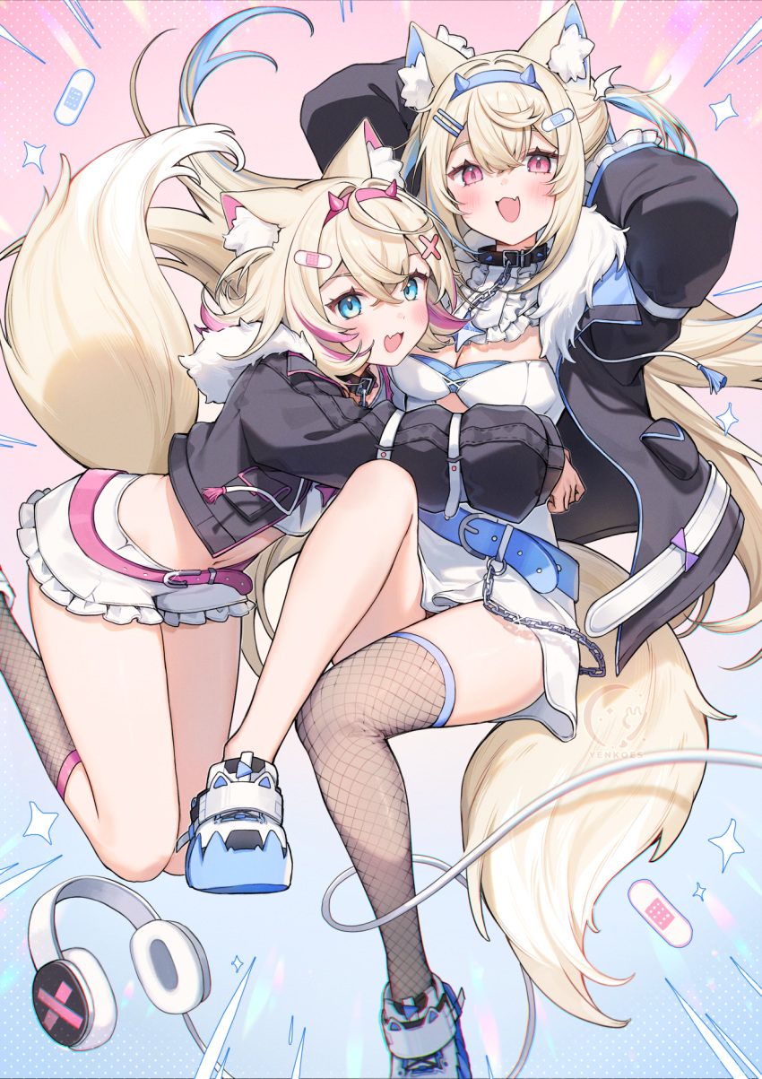 2girls animal_ear_fluff animal_ears arms_behind_head arms_up bandaid bandaid_hair_ornament belt belt_collar black_collar black_jacket blonde_hair blue_belt blue_eyes blue_hair blush breasts cleavage cleavage_cutout clothing_cutout collar cropped_jacket dog_ears dog_girl dog_tail dress fang fishnet_socks fishnet_thighhighs fishnets frilled_shorts frills fur-trimmed_jacket fur_trim fuwawa_abyssgard fuwawa_abyssgard_(1st_costume) hair_ornament hairpin headphones headphones_removed highres hololive hololive_english hug jacket long_hair looking_at_viewer medium_breasts medium_hair mococo_abyssgard mococo_abyssgard_(1st_costume) multicolored_hair multiple_girls navel open_mouth pink_belt pink_eyes pink_hair shoes short_dress short_shorts shorts siblings sidelocks single_fishnet_legwear sisters skin_fang smile sneakers socks spiked_collar spikes streaked_hair tail thighhighs twins two_side_up virtual_youtuber white_dress white_footwear white_shorts x_hair_ornament yenkoes