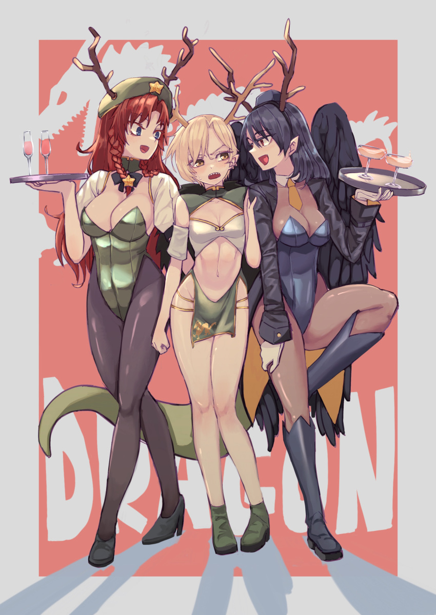 3girls absurdres adapted_costume animal_connection annoyed black_thighhighs blonde_hair blue_eyes blue_hair blue_leotard breasts china_dress chinese_clothes chinese_zodiac commentary_request dragon dragon_print dress green_dress green_leotard highres hong_meiling iizunamaru_megumu kaden_(muxt8423) kicchou_yachie leotard looking_at_another multiple_girls necktie playboy_bunny red_hair sleeveless sleeveless_dress smile stomach thighhighs thighs touhou year_of_the_dragon yellow_necktie