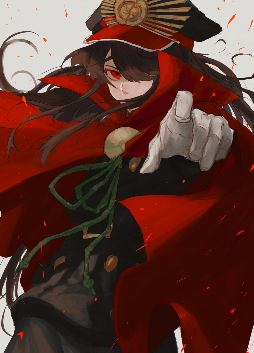 1girl absurdres beam107 cape cowboy_shot expressionless family_crest fate/grand_order fate_(series) hair_over_mouth hair_over_one_eye hat highres looking_at_viewer medallion military_hat oda_nobunaga_(fate) oda_uri red_cape red_eyes simple_background solo white_background