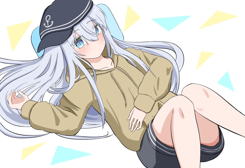 1girl alternate_costume anchor_symbol black_shorts blue_eyes blue_headwear blush casual closed_mouth collarbone drawstring feet_out_of_frame hair_between_eyes head_on_pillow hibiki_(kancolle) highres hood hood_down hoodie kantai_collection long_hair long_sleeves looking_at_viewer lying on_back pillow shirasu_(sirasuillust) shorts simple_background solo white_hair yellow_hoodie