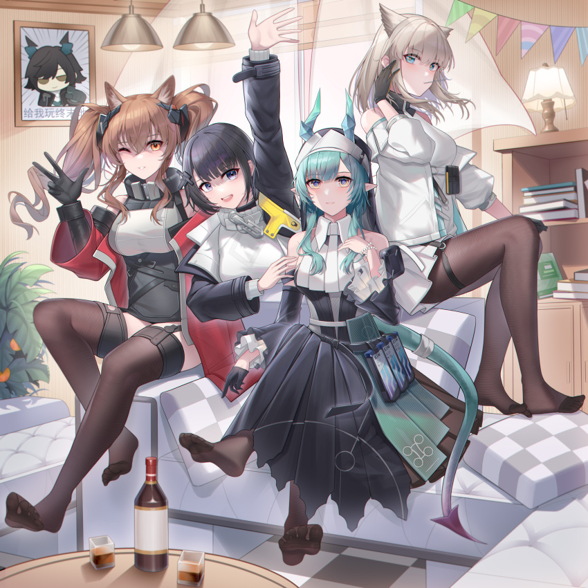 4girls absurdres angelina_(arknights) angelina_(endfield)_(arknights) animal_ears arknights arknights:_endfield arm_up bird_ears black_gloves black_hair black_jacket black_pantyhose black_skirt black_thighhighs blonde_hair blue_eyes blue_hair book bookshelf bottle brown_hair crystal_horns dragon_girl dragon_horns dragon_tail dress female_endministrator_(arknights) fox_ears fox_girl gloves hair_between_eyes hand_up highres horns indoors jacket lamp layered_sleeves long_hair looking_at_viewer mouth_hold multiple_girls no_shoes off_shoulder one_eye_closed open_clothes open_jacket orange_eyes pantyhose perlica_(arknights) picture_frame plant potted_plant red_jacket ribbed_sweater shirt skirt sweater tail thigh_strap thighhighs twintails white_dress white_shirt white_sweater wuren xaihi_(arknights)