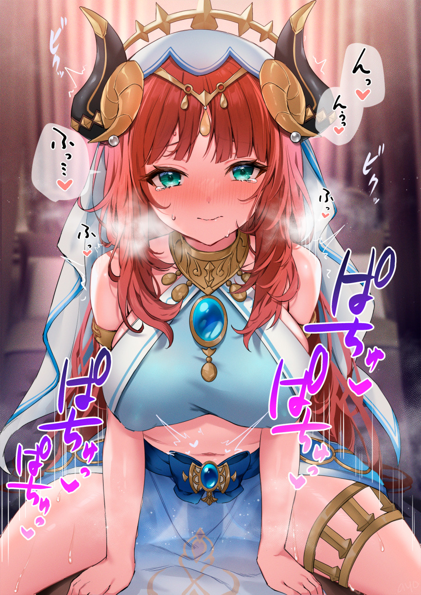 1boy 1girl ayomo_ro bare_shoulders blush breasts closed_mouth cowgirl_position fake-horns genshin_impact girl_on_top green_eyes hetero highres large_breasts long_hair looking_at_viewer navel nilou_(genshin_impact) red_hair see-through solo_focus straddling tearing_up thighlet variant_set white_headwear