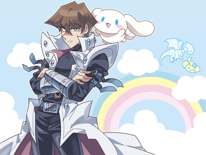 2boys absurdres belt belt_buckle black_pants black_shirt blue_background blue_eyes blush blush_stickers bright_pupils brown_hair buckle cinnamoroll closed_mouth cloud coat crossed_arms dotted_background grin hair_between_eyes highres kaiba_seto loveycloud male_focus multiple_boys open_mouth pants rainbow sanrio shirt short_hair smile white_coat white_pupils yu-gi-oh!