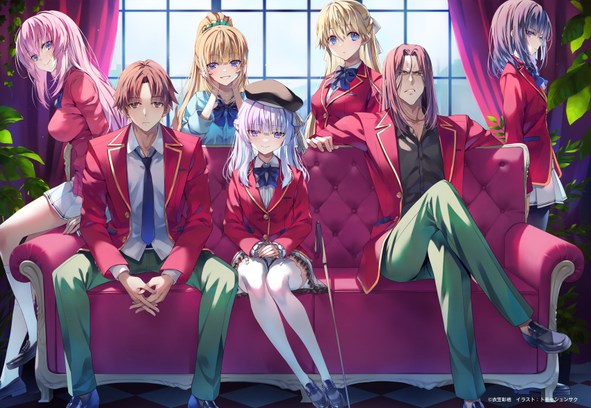 2boys 5girls absurdres advanced_nurturing_high_school_uniform ayanokouji_kiyotaka black_shirt blazer blonde_hair blue_bow blue_bowtie blue_eyes blue_necktie blue_shirt blunt_bangs bow bowtie breast_pocket brown_eyes brown_hair closed_mouth collared_shirt couch crossed_legs dress_shirt frilled_skirt frills frown green_pants green_scrunchie grin hair_between_eyes hair_ornament hair_scrunchie head_rest high_ponytail highres horikita_suzune ichinose_honami_(youjitsu) indoors jacket karuizawa_kei kneehighs long_hair long_sleeves looking_at_viewer miniskirt multiple_boys multiple_girls nanase_tsubasa necktie pants pink_hair pleated_skirt pocket purple_hair red_jacket ryuuen_kakeru sakayanagi_arisu school_uniform scrunchie shirt short_hair sitting skirt smile socks spread_legs standing straight_hair thighhighs tomose_shunsaku v-shaped_eyebrows very_long_hair white_hair white_shirt white_skirt white_socks white_thighhighs wing_collar youkoso_jitsuryoku_shijou_shugi_no_kyoushitsu_e zettai_ryouiki