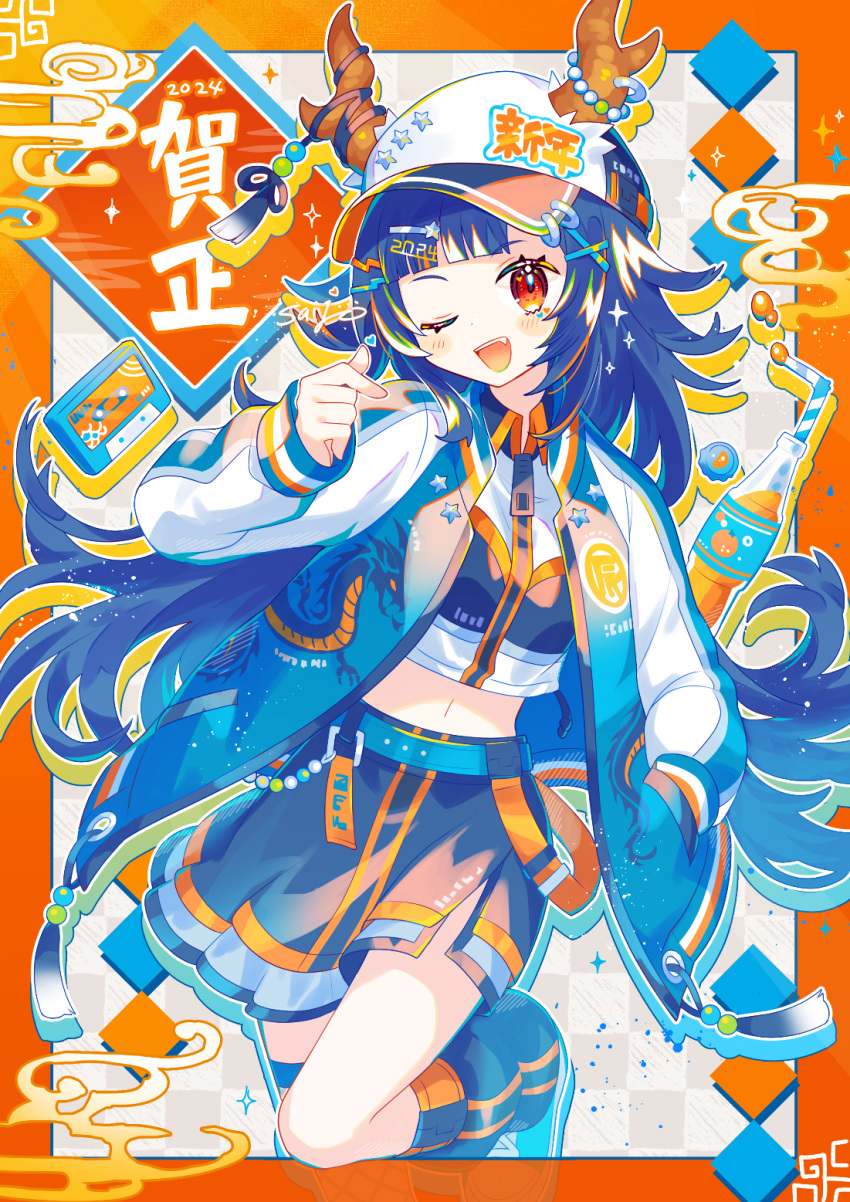 1girl ;d baseball_cap blue_coat blue_hair cassette_tape chinese_zodiac coat cowboy_shot dragon_girl dragon_horns hat highres horns long_hair navel new_year one_eye_closed original red_eyes saijo1201 skirt smile soda_bottle solo very_long_hair white_headwear year_of_the_dragon