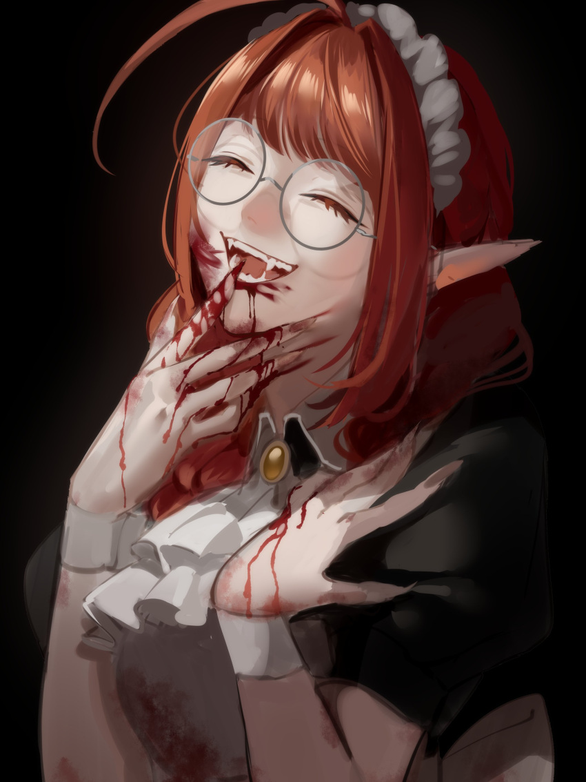 1girl absurdres ahoge apple_b._jean_(hanny) apron ascot black_background blood blood_on_clothes blood_on_face blood_on_hands fangs glasses hanny_(uirusu_chan) happy highres huge_ahoge long_hair maid maid_apron maid_headdress original pointy_ears randal's_friends red_hair round_eyewear solo vampire white_apron white_ascot wrist_cuffs