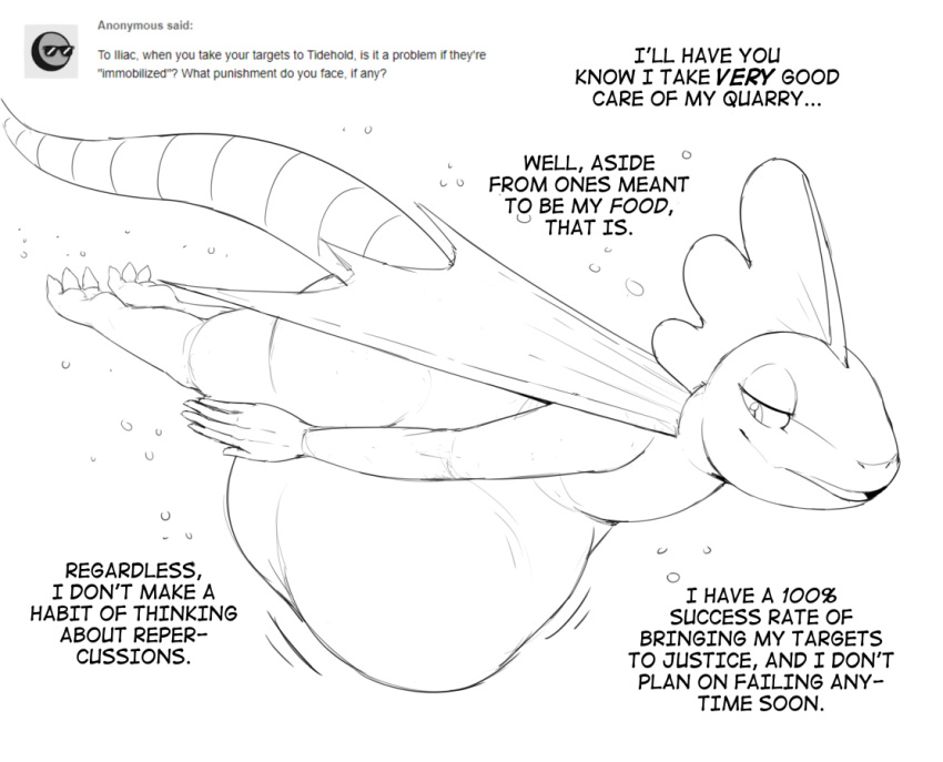 2020 3_toes 5_fingers abdominal_bulge after_vore anthro anthro_pred ask_blog belly big_belly black_and_white bubble dialogue digital_media_(artwork) english_text fan_character feet fidchellvore fingers iliac_(fidchellvore) inteleon male male_pred membrane_(anatomy) monochrome narrowed_eyes nintendo nude open_mouth open_smile oral_vore pok&eacute;mon pok&eacute;mon_(species) reptile scalie sketch smile soft_vore solo struggling swimming text toes tumblr underwater unseen_character video_games vore water