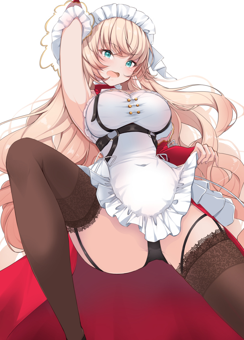 1girl absurdres apron arm_up azur_lane black_garter_straps black_panties blonde_hair brown_thighhighs detached_sleeves dress frilled_apron frills garter_straps green_eyes highres howe_(azur_lane) howe_(pastry_princess)_(azur_lane) lace-trimmed_legwear lace_trim long_hair looking_at_viewer maid_headdress mikuchi3939 official_alternate_costume open_mouth panties pantyshot solo thighhighs underwear very_long_hair white_apron white_dress