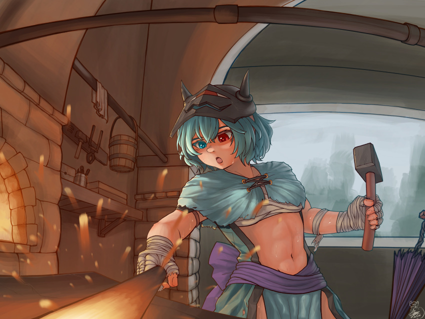 1girl abs absurdres alternate_costume blacksmith blue_capelet blue_eyes blue_hair blue_skirt box breasts bucket capelet commentary commission cowboy_shot embers english_commentary fire glowing_hot hair_between_eyes hammer heart heart-shaped_pupils heterochromia highres hippppodraw holding holding_hammer indoors looking_down mask mask_on_head medium_bangs medium_breasts midriff navel open_mouth purple_sash purple_umbrella red_eyes sarashi sash short_hair signature skirt solo symbol-shaped_pupils tatara_kogasa toned tongs touhou umbrella welding_mask wooden_bucket wrist_wrap