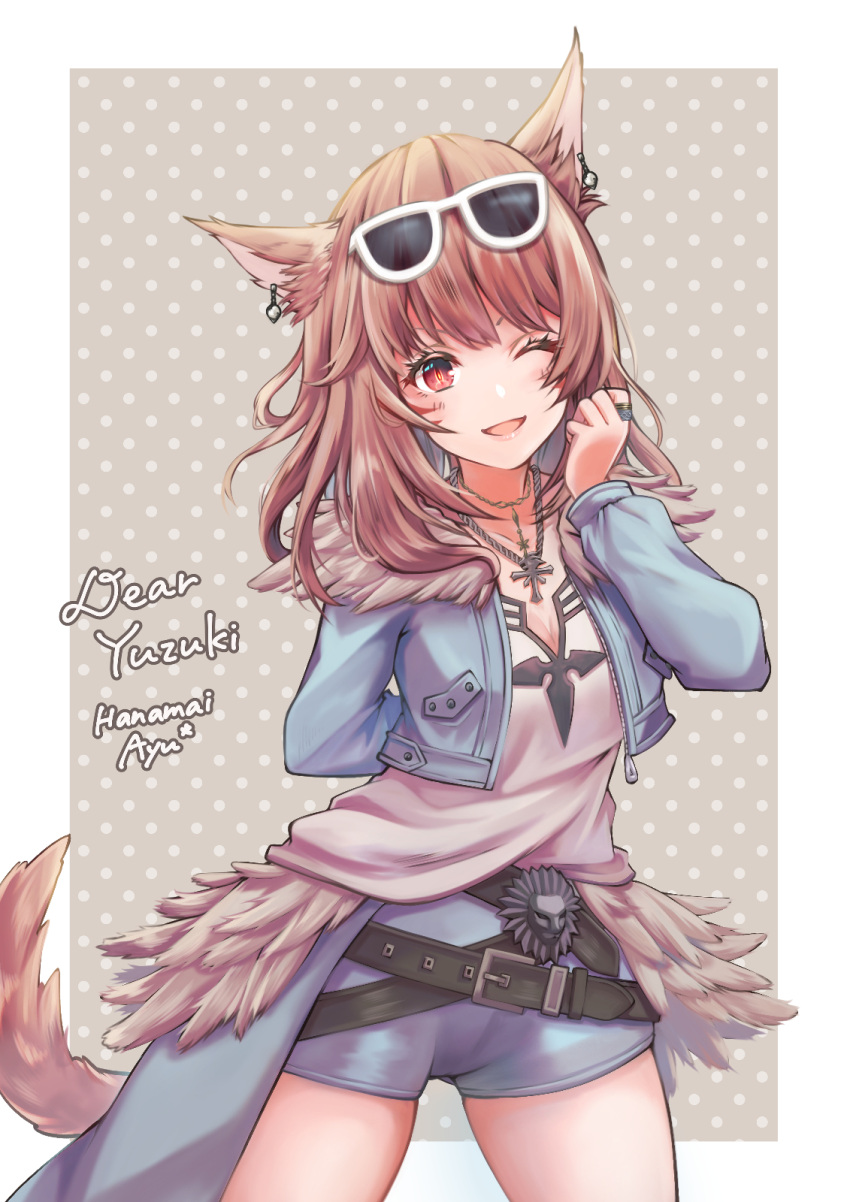 1girl animal_ears arm_behind_back ayulilith belt blue_jacket blue_shorts breasts brown_hair cat_ears cat_tail cleavage commission cross cross_necklace earrings eyebrows_hidden_by_hair eyewear_on_head feet_out_of_frame final_fantasy final_fantasy_xiv hair_between_eyes highres jacket jewelry lipstick long_hair looking_at_viewer makeup miqo'te multiple_belts multiple_necklaces necklace one_eye_closed red_eyes ring shirt shorts signature simple_background small_breasts smile solo sunglasses tail warrior_of_light_(ff14) white-framed_eyewear white_shirt