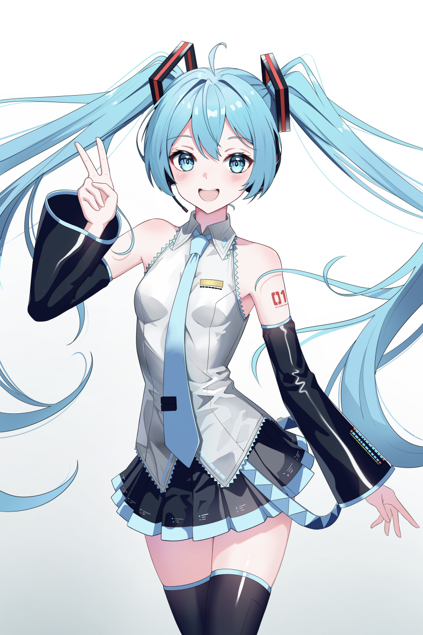 1girl :d absurdres ahoge arm_tattoo black_skirt black_sleeves black_thighhighs blue_eyes blue_hair blue_necktie blue_trim breasts collared_shirt commentary cowboy_shot detached_sleeves floating_hair gradient_background hair_between_eyes hair_ornament hatsune_miku headphones headset highres long_hair long_sleeves looking_at_viewer microphone miniskirt necktie number_tattoo open_mouth pleated_skirt procrastinator39 shirt skirt sleeveless sleeveless_shirt small_breasts smile solo standing tattoo thighhighs twintails v very_long_hair vocaloid white_background white_shirt wing_collar zettai_ryouiki