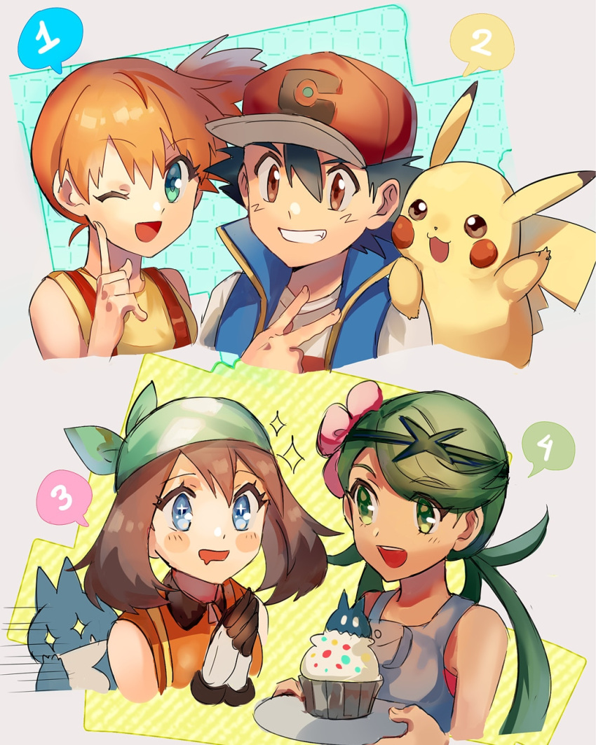 +_+ 1boy 3girls ;d ash_ketchum bangs baseball_cap black_hair blue_eyes blue_jacket blush_stickers brown_eyes brown_hair clenched_teeth commentary cupcake eyelashes flower food gen_1_pokemon gen_4_pokemon gloves green_bandana green_eyes green_hair grin hair_between_eyes hair_flower hair_ornament hat highres holding holding_tray index_finger_raised jacket kash-phia mallow_(pokemon) may_(pokemon) misty_(pokemon) mouth_drool multiple_girls munchlax on_shoulder one_eye_closed open_mouth orange_hair pikachu pokemon pokemon_(anime) pokemon_(classic_anime) pokemon_(creature) pokemon_dppt_(anime) pokemon_on_shoulder pokemon_sm_(anime) pokemon_swsh_(anime) shirt short_hair sleeveless sleeveless_jacket smile spoken_number suspenders swept_bangs t-shirt teeth tongue tray twintails upper_teeth v white_shirt yellow_shirt