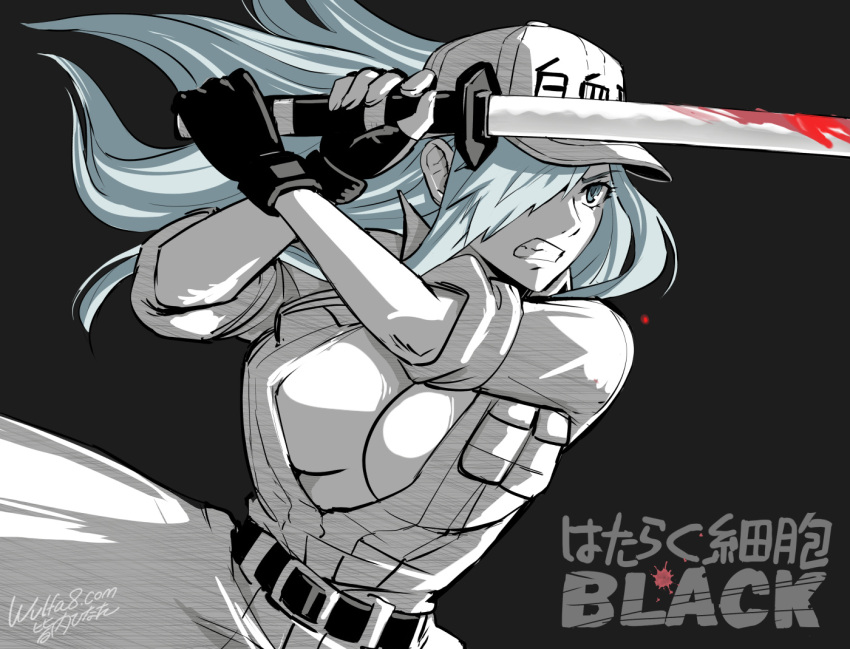 1girl angry artist_name attack belt_buckle black_background black_gloves blood bloody_weapon breast_pocket breasts buckle center_opening clenched_teeth coat collared_coat copyright_name ears fingerless_gloves flat_cap gloves hair_over_one_eye hat hataraku_saibou hataraku_saibou_black holding holding_sword holding_weapon huge_breasts katana long_hair long_sleeves pocket serious sidelocks signature silver_eyes silver_hair simple_background sleeves_rolled_up solo sword teeth u-1196 ur_(wulfa) weapon white_blood_cell_(hataraku_saibou) white_coat