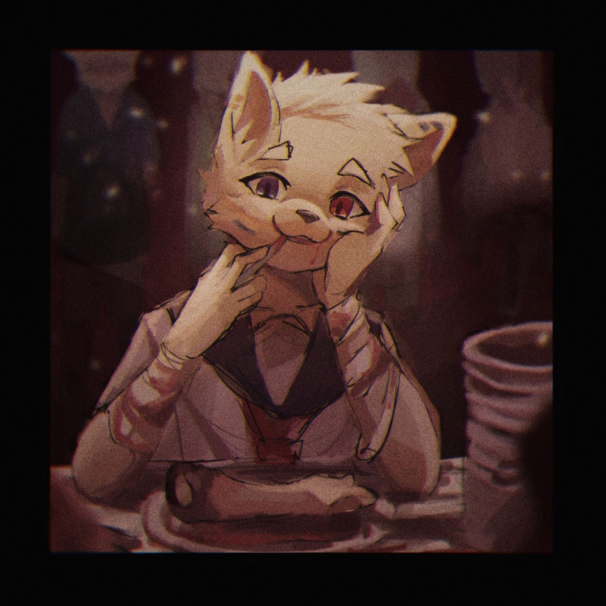 1boy bandaged_arm bandages blue_eyes bone eating facial_mark furry furry_male hand_on_own_cheek hand_on_own_face highres implied_cannibalism itooku looking_at_viewer multicolored_eyes original plate red_eyes red_scarf scarf school_uniform white_fur wolf_boy