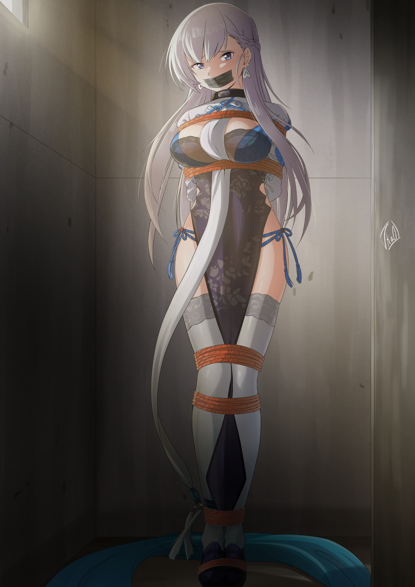 1girl absurdres azur_lane bdsm belfast_(azur_lane) belfast_(iridescent_rose)_(azur_lane) blue_eyes bondage bound bound_together braid breasts chinese_clothes choker cleavage clothing_cutout collar french_braid gag high_heels highres huge_filesize improvised_gag indoors kidnapped large_breasts long_hair looking_at_viewer official_alternate_costume panties shibari side-tie_panties solo standing sunlight tape tape_gag tied_up underwear vkao