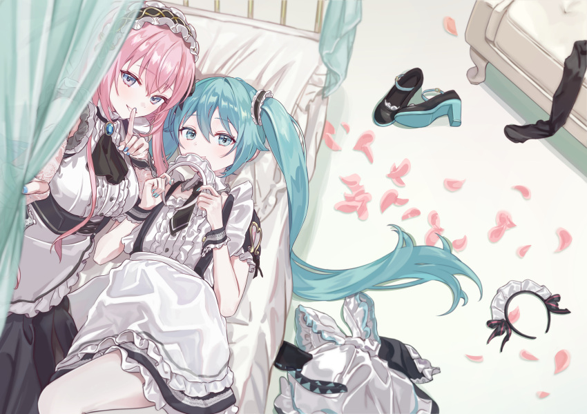 2girls absurdres alternate_costume apron ascot black_ascot black_skirt blue_eyes blue_gemstone blue_hair blue_nails dress_shirt enmaided finger_to_mouth frilled_skirt frills gem hair_between_eyes hatsune_miku highres index_finger_raised long_hair looking_at_viewer lying maid maid_headdress megurine_luka miniskirt multiple_girls nail_polish on_back on_side pink_hair shirt short_sleeves shushing skirt very_long_hair vocaloid vs0mr waist_apron white_apron white_shirt