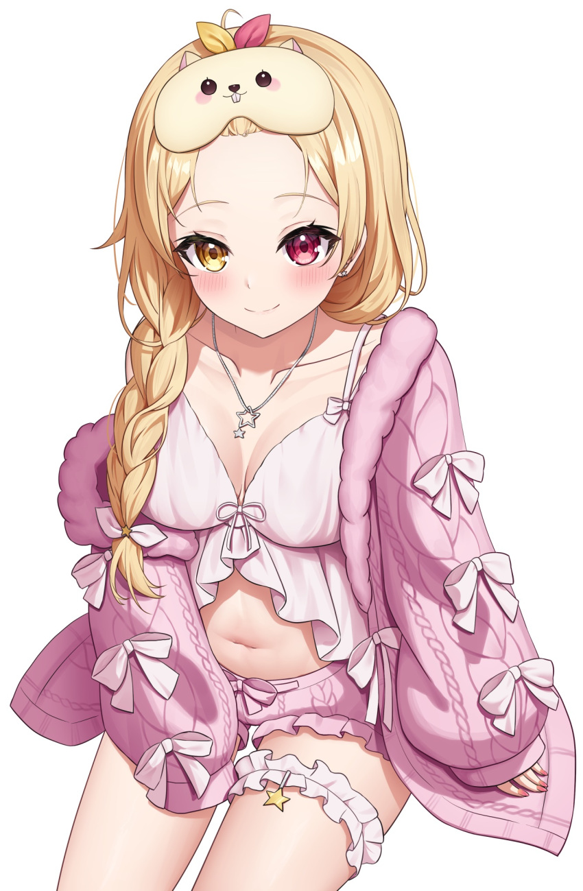 1girl bangs_pinned_back blonde_hair blush braid camisole closed_mouth collarbone commentary forehead frilled_camisole frilled_shorts frills heterochromia highres hoshikawa_sara hoshikawa_sara_(7th_costume) jacket kag_tsukimi long_sleeves looking_at_viewer loungewear midriff navel nijisanji official_alternate_costume official_alternate_hairstyle pink_jacket pink_shorts puffy_long_sleeves puffy_sleeves red_eyes shorts simple_background single_braid sitting sleep_mask sleeves_past_wrists smile solo symbol-only_commentary thigh_strap white_background white_camisole yellow_eyes