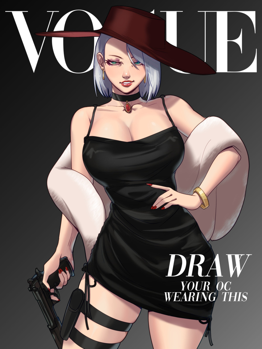 1girl absurdres black_choker black_dress blue_eyes bracelet breasts brown_headwear choker cleavage collarbone commentary contrapposto cover dress drop_earrings earrings english_commentary english_text fake_magazine_cover finger_on_trigger fingernails grey_background grey_hair gun hair_over_one_eye hand_on_own_hip hat highres holding holding_gun holding_weapon holster jewelry large_breasts looking_at_viewer magazine_cover meme_attire nail_polish no_bra pendant_choker red_nails shawl short_dress short_hair skullworms solo strapless thigh_holster vogue_(magazine) weapon