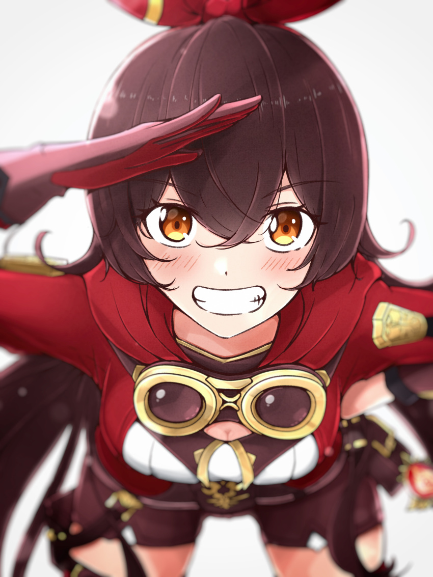 1girl absurdres amber_(genshin_impact) arm_up bent_over blurry blurry_background blush bow breasts brown_eyes brown_gloves brown_hair brown_shorts cleavage cowboy_shot genshin_impact gloves goggles goggles_around_neck grin hair_between_eyes hair_bow hand_on_own_hip heykenp_12 highres jacket long_hair looking_at_viewer medium_breasts red_bow red_jacket short_shorts shorts smile solo very_long_hair white_background