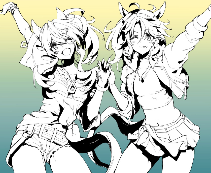 2girls 68er animal_ears arm_up bead_bracelet beads belt blush bracelet breasts closed_mouth cowboy_shot crop_top cropped_jacket cutoffs daitaku_helios_(umamusume) fang greyscale high_contrast highres holding_hands horse_ears horse_girl horse_tail jewelry long_hair long_sleeves mejiro_palmer_(umamusume) miniskirt monochrome multiple_girls navel necklace one_eye_closed one_side_up open_mouth shirt short_shorts short_sleeves shorts skirt small_breasts smile tail tied_shirt tongue tongue_out umamusume wristband