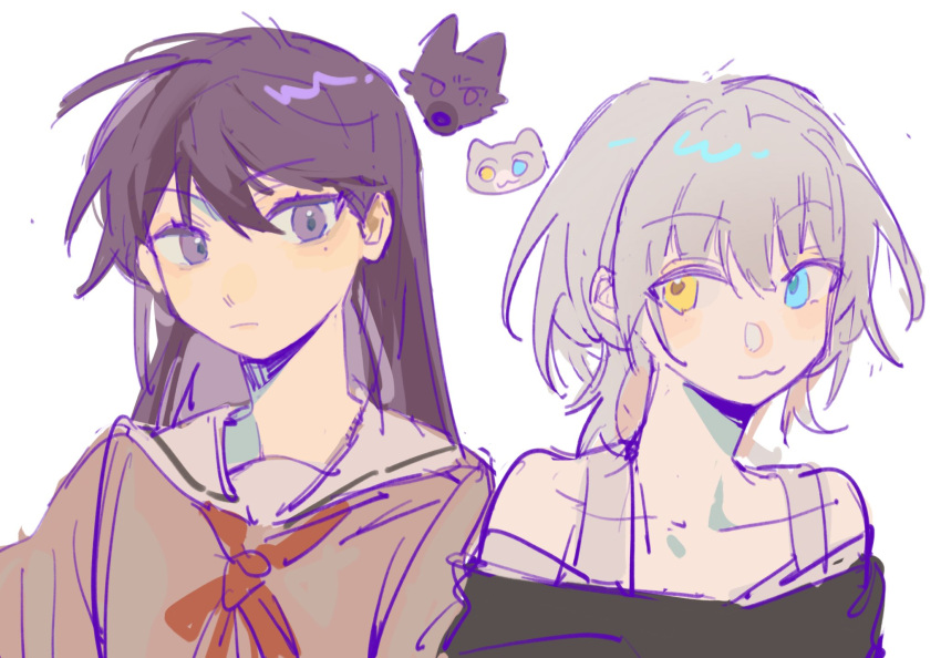 2girls bare_shoulders black_hair character_request copyright_request grey_hair heterochromia highres lingyi long_hair multiple_girls off-shoulder_sweater off_shoulder purple_eyes school_uniform short_hair sketch sweater tagme tank_top white_background